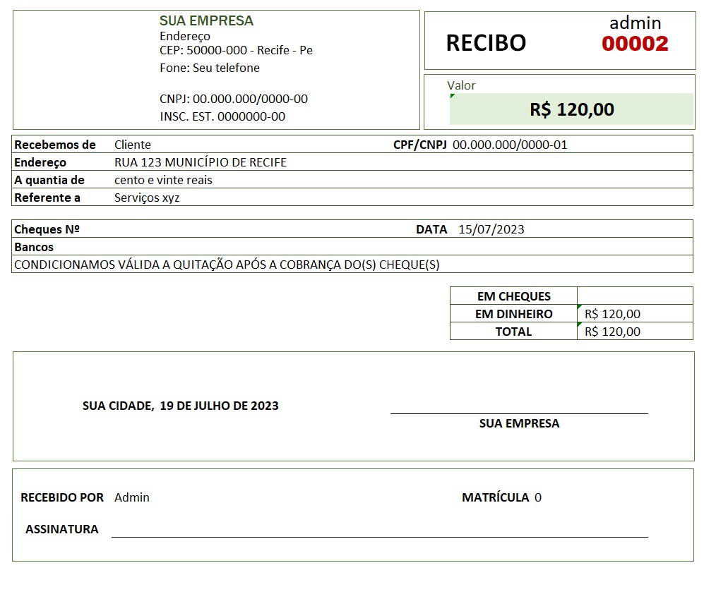 Planilha para emissão de Recibos