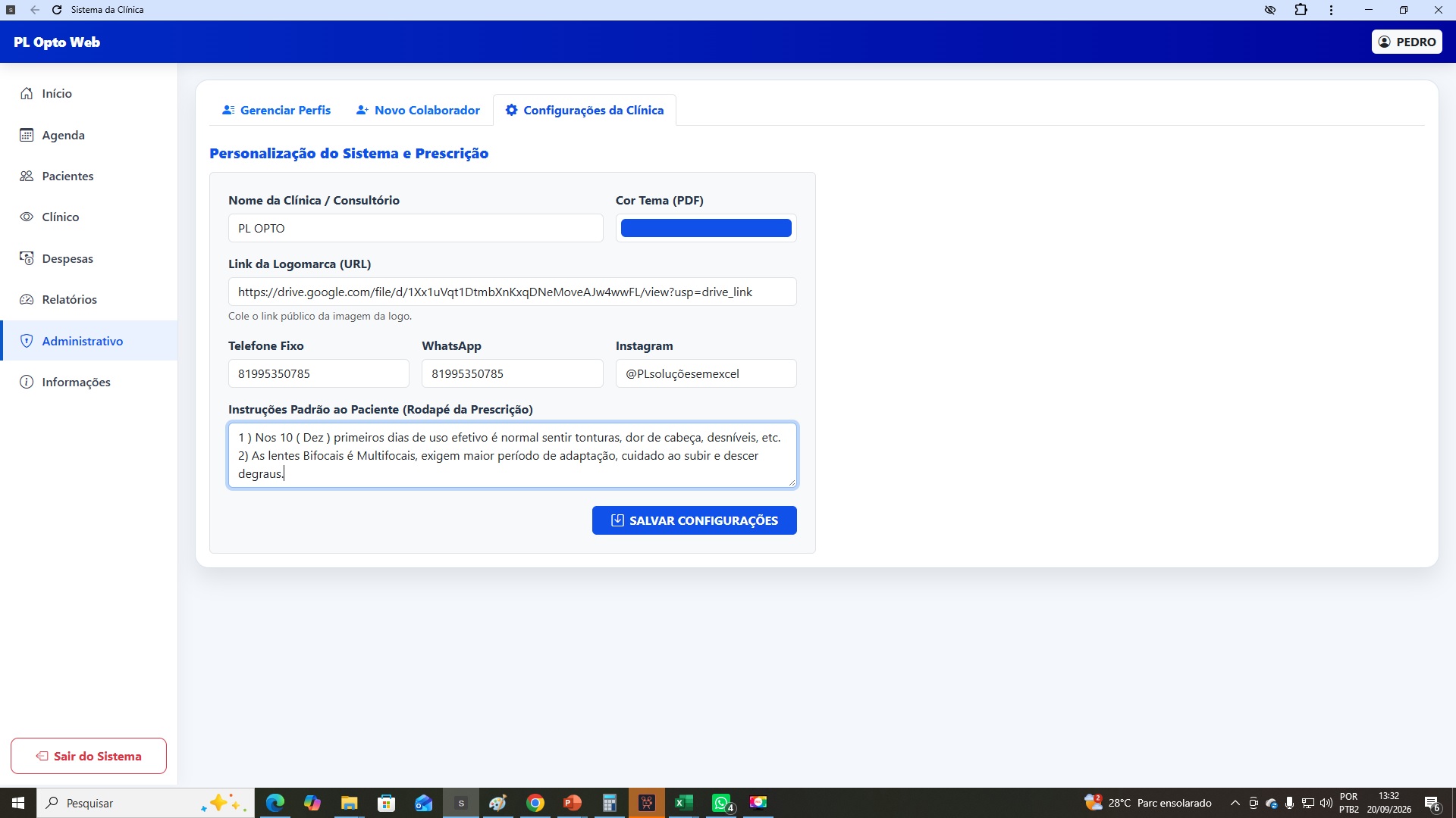 dados da clinica opto web